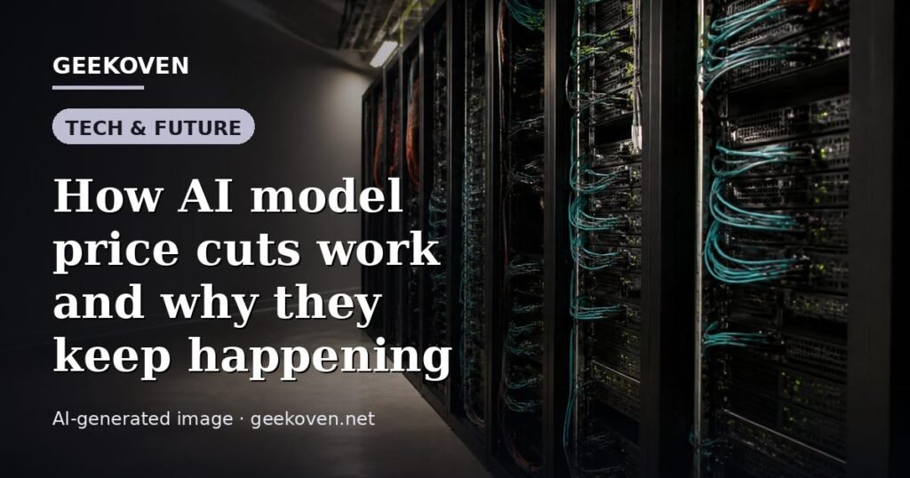 Illustration for the Tech & Future article “How AI model price cuts work and why they keep happening”: an AI-generated editorial illustration showing a scene illustrating the subject of the article, with the headline set over it. Illustrative only, not a photograph of a real event.
