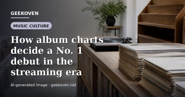 Illustration for the Music Culture article “How album charts decide a No. 1 debut in the streaming era”: an AI-generated editorial illustration showing a stadium crowd seen from high above, lights arranged in coordinated patterns, with the headline set over it. Illustrative only, not a photograph of a real event.