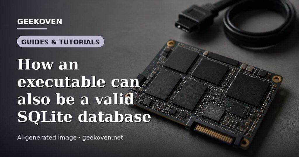 Illustration for the Guides & Tutorials article “How an executable can also be a valid SQLite database”: an AI-generated editorial illustration showing a scene illustrating the subject of the article, with the headline set over it. Illustrative only, not a photograph of a real event.