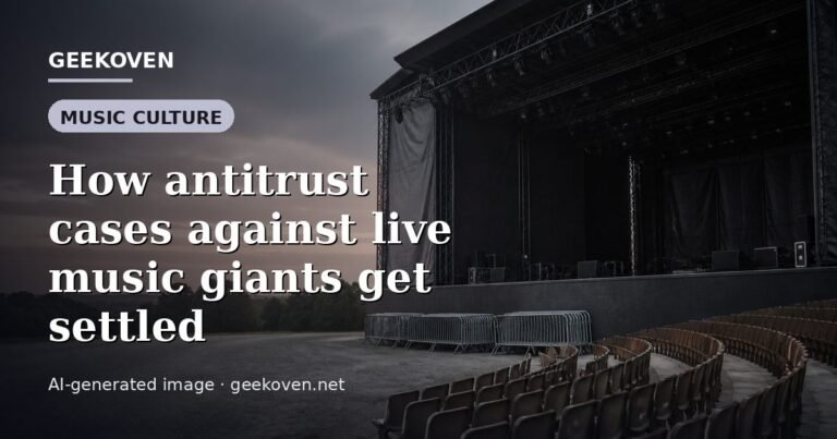 Illustration for the Music Culture article “How antitrust cases against live music giants get settled”: an AI-generated editorial illustration showing a scene illustrating the subject of the article, with the headline set over it. Illustrative only, not a photograph of a real event.