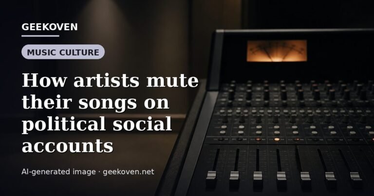 Illustration for the Music Culture article “How artists mute their songs on political social accounts”: an AI-generated editorial illustration showing a scene illustrating the subject of the article, with the headline set over it. Illustrative only, not a photograph of a real event.