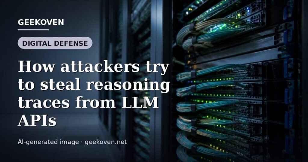 Illustration for the Digital Defense article “How attackers try to steal reasoning traces from LLM APIs”: an AI-generated editorial illustration showing a scene illustrating the subject of the article, with the headline set over it. Illustrative only, not a photograph of a real event.