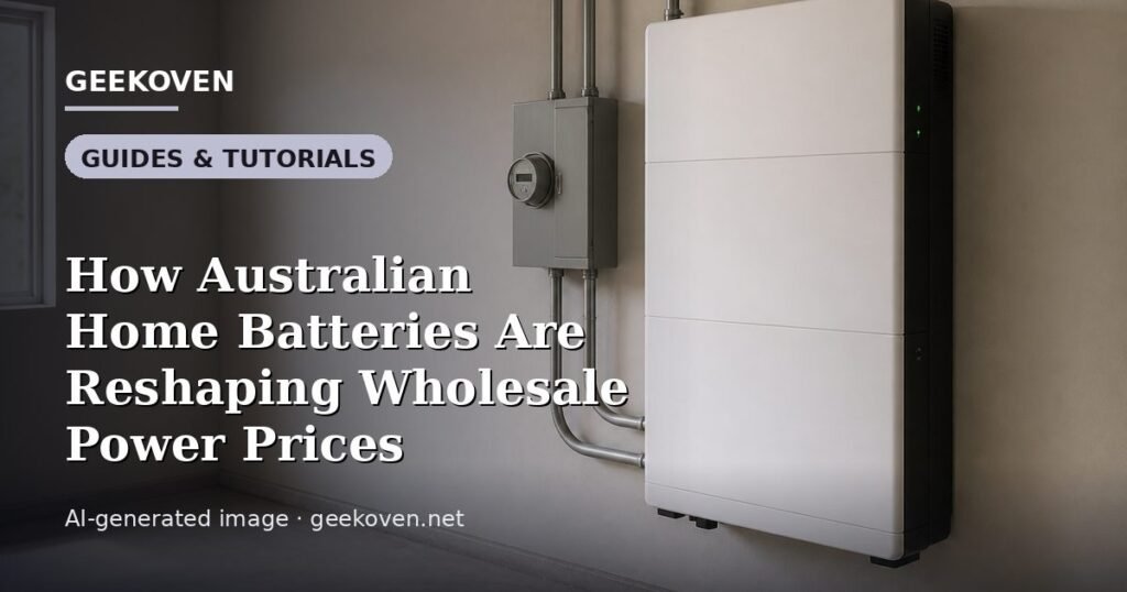 Illustration for the Guides & Tutorials article “How Australian Home Batteries Are Reshaping Wholesale Power Prices”: an AI-generated editorial illustration showing a scene illustrating the subject of the article, with the headline set over it. Illustrative only, not a photograph of a real event.