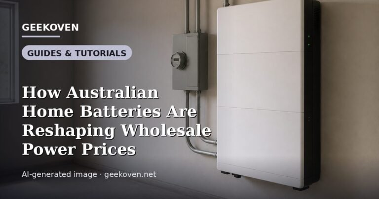 Illustration for the Guides & Tutorials article “How Australian Home Batteries Are Reshaping Wholesale Power Prices”: an AI-generated editorial illustration showing a scene illustrating the subject of the article, with the headline set over it. Illustrative only, not a photograph of a real event.