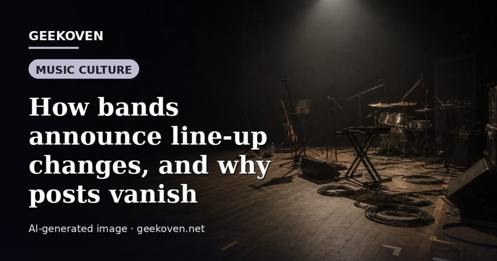 Illustration for the Music Culture article “How bands announce line-up changes, and why posts vanish”: an AI-generated editorial illustration showing a scene illustrating the subject of the article, with the headline set over it. Illustrative only, not a photograph of a real event.