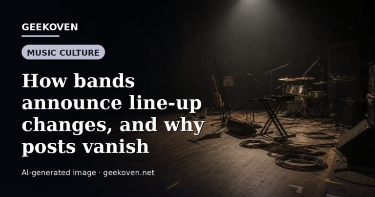 Illustration for the Music Culture article “How bands announce line-up changes, and why posts vanish”: an AI-generated editorial illustration showing a scene illustrating the subject of the article, with the headline set over it. Illustrative only, not a photograph of a real event.