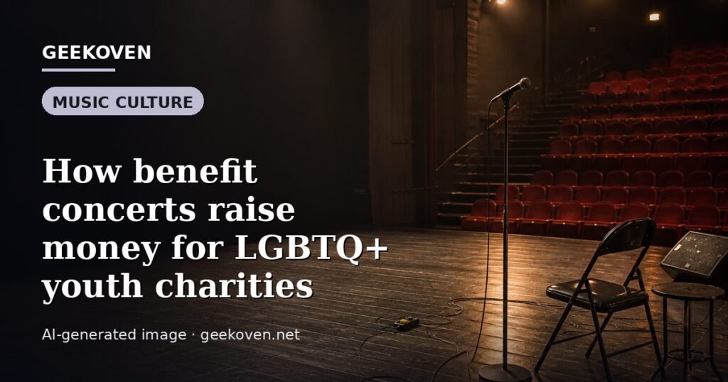Illustration for the Music Culture article “How benefit concerts raise money for LGBTQ+ youth charities”: an AI-generated editorial illustration showing a scene illustrating the subject of the article, with the headline set over it. Illustrative only, not a photograph of a real event.