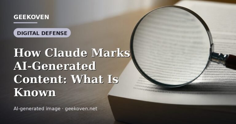Illustration for the Digital Defense article “How Claude Marks AI-Generated Content: What Is Known”: an AI-generated editorial illustration showing a scene illustrating the subject of the article, with the headline set over it. Illustrative only, not a photograph of a real event.