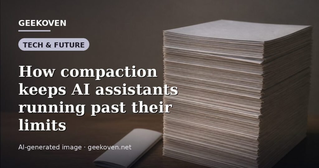 Illustration for the Tech & Future article “How compaction keeps AI assistants running past their limits”: an AI-generated editorial illustration showing a scene illustrating the subject of the article, with the headline set over it. Illustrative only, not a photograph of a real event.