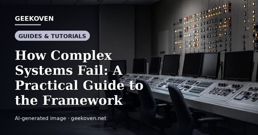 Illustration for the Guides & Tutorials article “How Complex Systems Fail: A Practical Guide to the Framework”: an AI-generated editorial illustration showing a scene illustrating the subject of the article, with the headline set over it. Illustrative only, not a photograph of a real event.