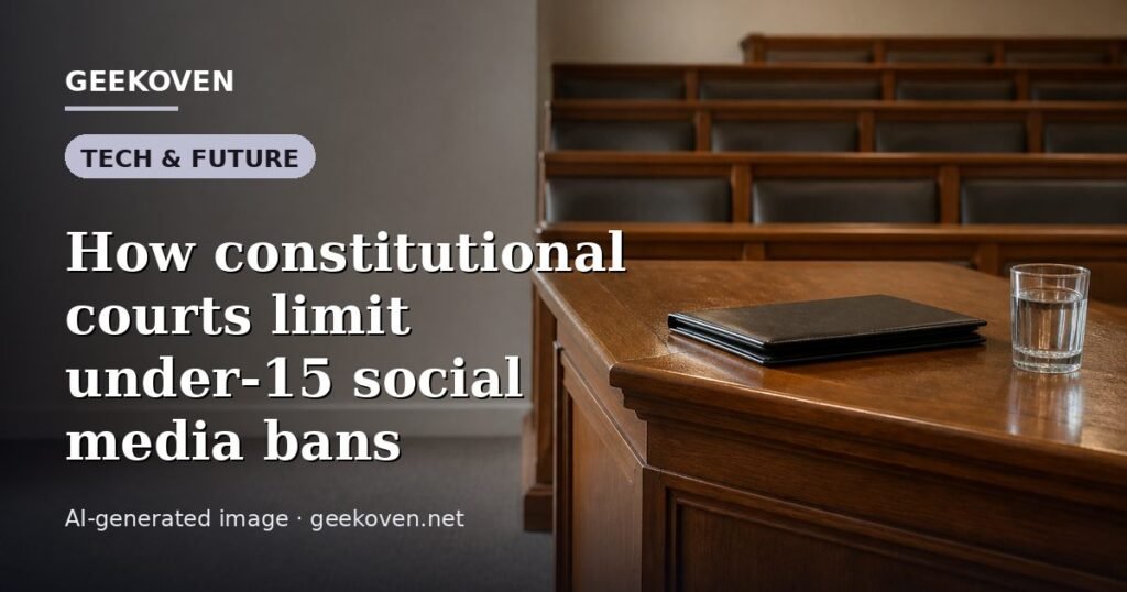 Illustration for the Tech & Future article “How constitutional courts limit under-15 social media bans”: an AI-generated editorial illustration showing a scene illustrating the subject of the article, with the headline set over it. Illustrative only, not a photograph of a real event.