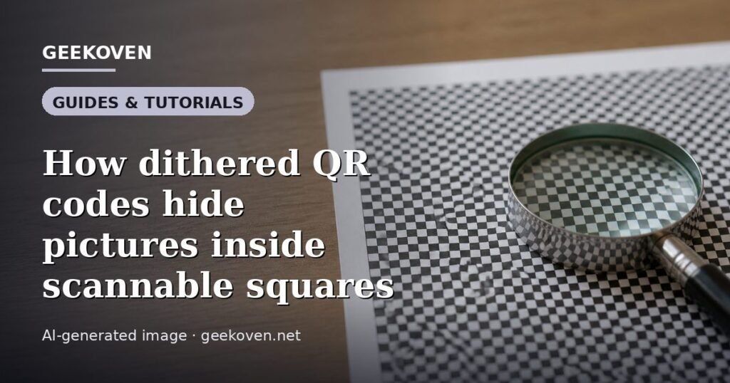 Illustration for the Guides & Tutorials article “How dithered QR codes hide pictures inside scannable squares”: an AI-generated editorial illustration showing a scene illustrating the subject of the article, with the headline set over it. Illustrative only, not a photograph of a real event.