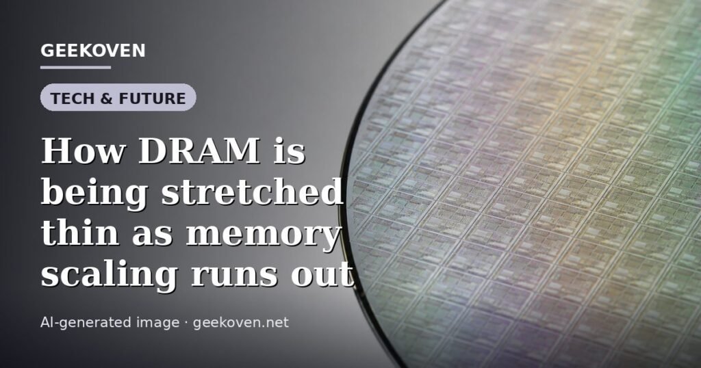 Illustration for the Tech & Future article “How DRAM is being stretched thin as memory scaling runs out”: an AI-generated editorial illustration showing a scene illustrating the subject of the article, with the headline set over it. Illustrative only, not a photograph of a real event.