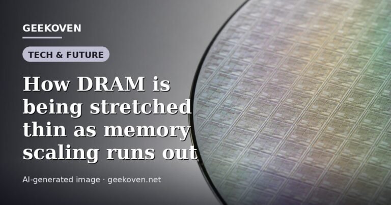 Illustration for the Tech & Future article “How DRAM is being stretched thin as memory scaling runs out”: an AI-generated editorial illustration showing a scene illustrating the subject of the article, with the headline set over it. Illustrative only, not a photograph of a real event.