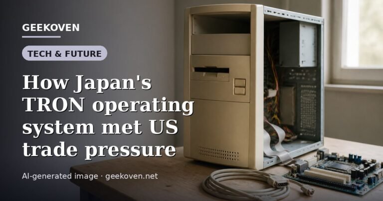 Illustration for the Tech & Future article “How Japan's TRON operating system met US trade pressure”: an AI-generated editorial illustration showing a scene illustrating the subject of the article, with the headline set over it. Illustrative only, not a photograph of a real event.