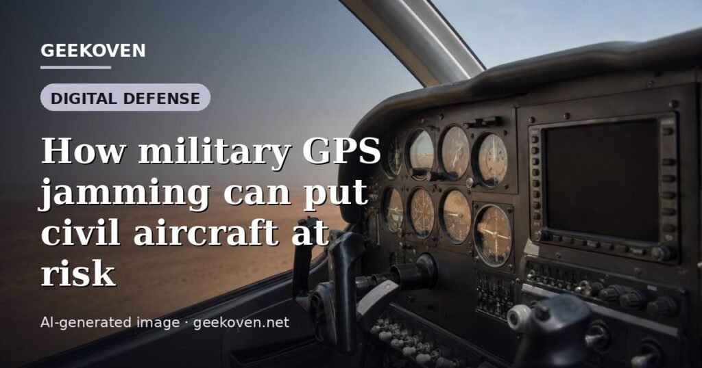 Illustration for the Digital Defense article “How military GPS jamming can put civil aircraft at risk”: an AI-generated editorial illustration showing a scene illustrating the subject of the article, with the headline set over it. Illustrative only, not a photograph of a real event.
