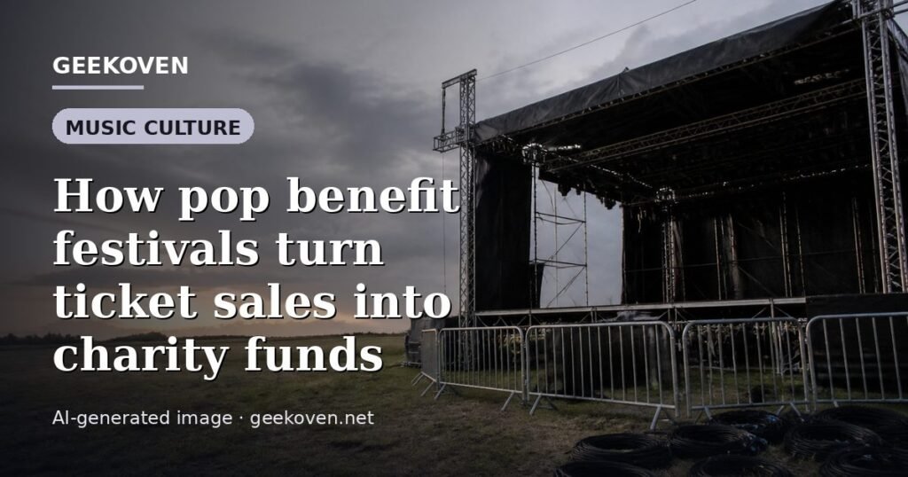 Illustration for the Music Culture article “How pop benefit festivals turn ticket sales into charity funds”: an AI-generated editorial illustration showing a scene illustrating the subject of the article, with the headline set over it. Illustrative only, not a photograph of a real event.