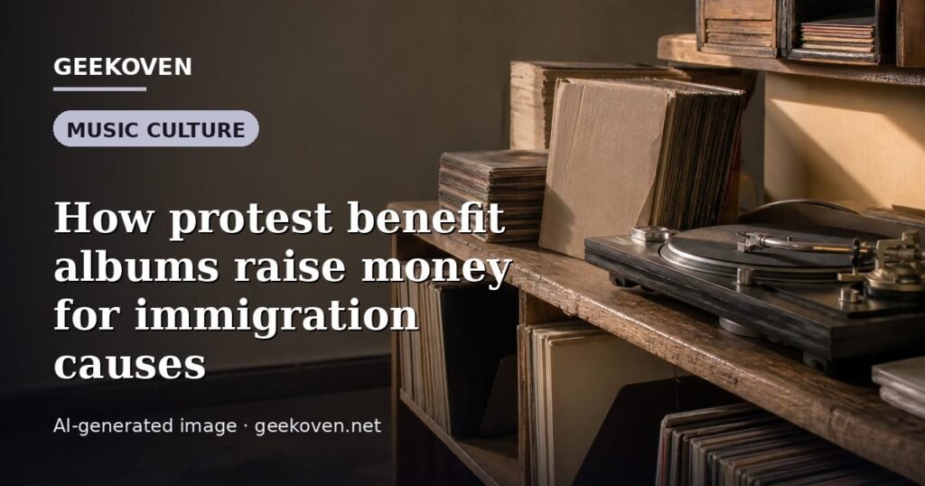 Illustration for the Music Culture article “How protest benefit albums raise money for immigration causes”: an AI-generated editorial illustration showing a scene illustrating the subject of the article, with the headline set over it. Illustrative only, not a photograph of a real event.