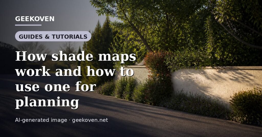Illustration for the Guides & Tutorials article “How shade maps work and how to use one for planning”: an AI-generated editorial illustration showing a dense city from above in summer, packed rooftops, wide asphalt streets and few trees under heat haze, with the headline set over it. Illustrative only, not a photograph of a real event.