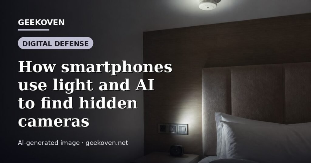 Illustration for the Digital Defense article “How smartphones use light and AI to find hidden cameras”: an AI-generated editorial illustration showing a scene illustrating the subject of the article, with the headline set over it. Illustrative only, not a photograph of a real event.