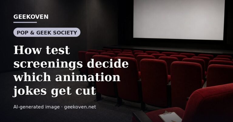 Illustration for the Pop & Geek Society article “How test screenings decide which animation jokes get cut”: an AI-generated editorial illustration showing a stadium crowd seen from high above, lights arranged in coordinated patterns, with the headline set over it. Illustrative only, not a photograph of a real event.