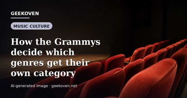 Illustration for the Music Culture article “How the Grammys decide which genres get their own category”: an AI-generated editorial illustration showing a stadium crowd seen from high above, lights arranged in coordinated patterns, with the headline set over it. Illustrative only, not a photograph of a real event.