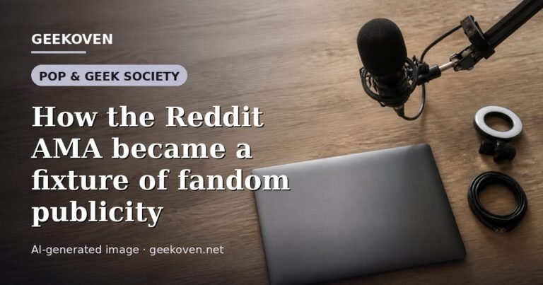 Illustration for the Pop & Geek Society article “How the Reddit AMA became a fixture of fandom publicity”: an AI-generated editorial illustration showing a stadium crowd seen from high above, lights arranged in coordinated patterns, with the headline set over it. Illustrative only, not a photograph of a real event.