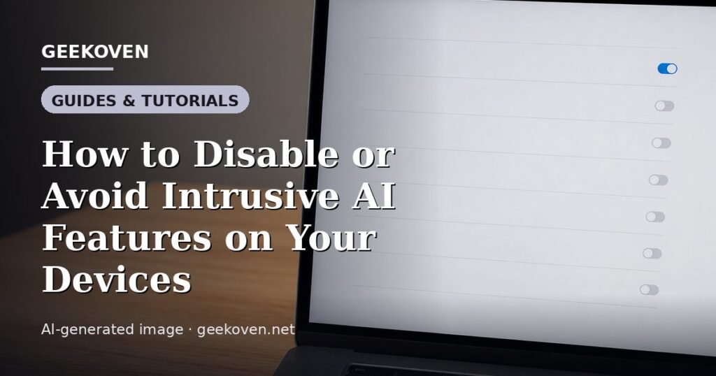 Illustration for the Guides & Tutorials article “How to Disable or Avoid Intrusive AI Features on Your Devices”: an AI-generated editorial illustration showing a scene illustrating the subject of the article, with the headline set over it. Illustrative only, not a photograph of a real event.