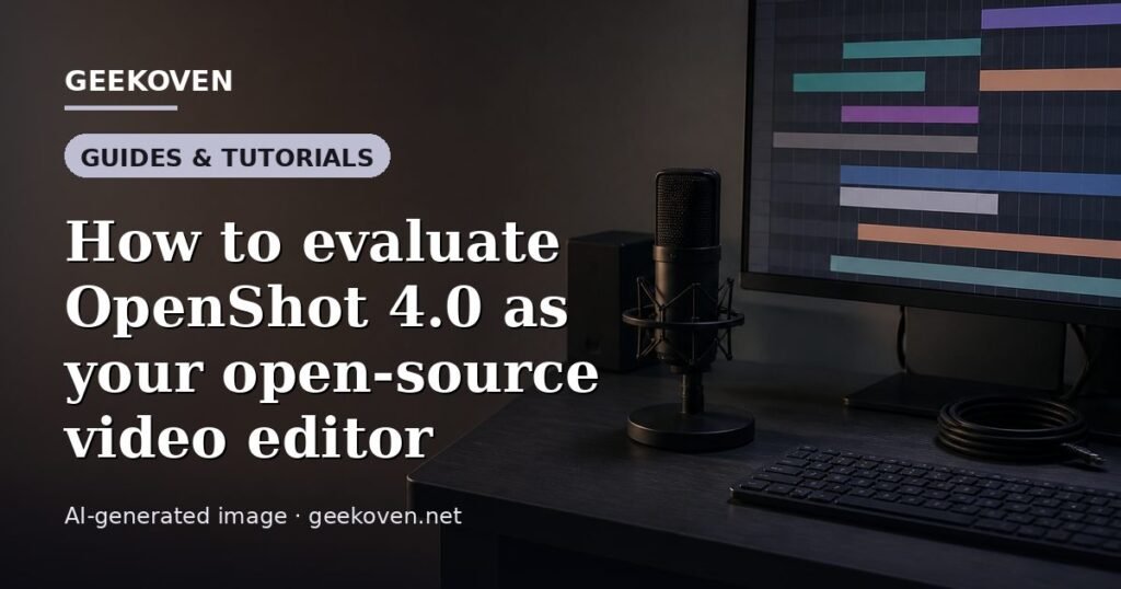 Illustration for the Guides & Tutorials article “How to evaluate OpenShot 4.0 as your open-source video editor”: an AI-generated editorial illustration showing a scene illustrating the subject of the article, with the headline set over it. Illustrative only, not a photograph of a real event.