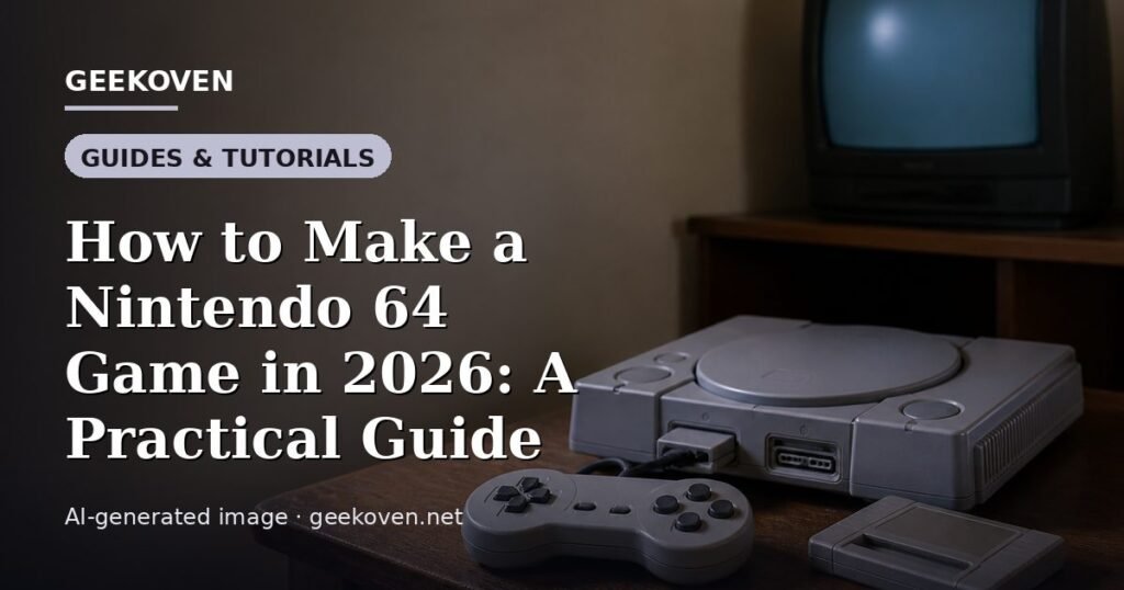 Illustration for the Guides & Tutorials article “How to Make a Nintendo 64 Game in 2026: A Practical Guide”: an AI-generated editorial illustration showing a studio workspace seen from above, with a production timeline across the wall, with the headline set over it. Illustrative only, not a photograph of a real event.