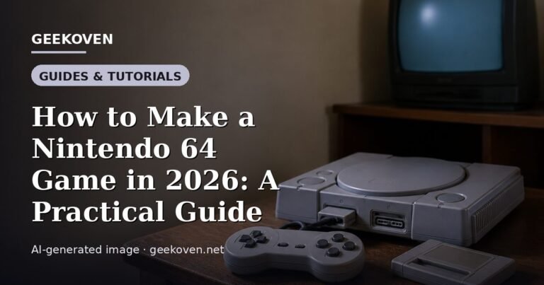 Illustration for the Guides & Tutorials article “How to Make a Nintendo 64 Game in 2026: A Practical Guide”: an AI-generated editorial illustration showing a studio workspace seen from above, with a production timeline across the wall, with the headline set over it. Illustrative only, not a photograph of a real event.
