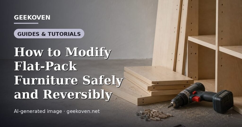 Illustration for the Guides & Tutorials article “How to Modify Flat-Pack Furniture Safely and Reversibly”: an AI-generated editorial illustration showing a scene illustrating the subject of the article, with the headline set over it. Illustrative only, not a photograph of a real event.