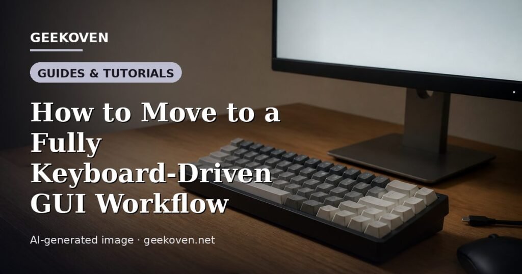 Illustration for the Guides & Tutorials article “How to Move to a Fully Keyboard-Driven GUI Workflow”: an AI-generated editorial illustration showing a scene illustrating the subject of the article, with the headline set over it. Illustrative only, not a photograph of a real event.