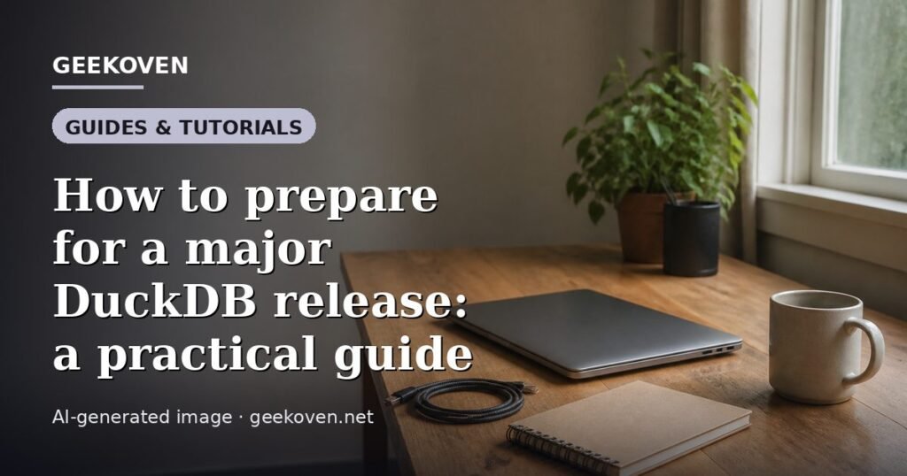 Illustration for the Guides & Tutorials article “How to prepare for a major DuckDB release: a practical guide”: an AI-generated editorial illustration showing a scene illustrating the subject of the article, with the headline set over it. Illustrative only, not a photograph of a real event.