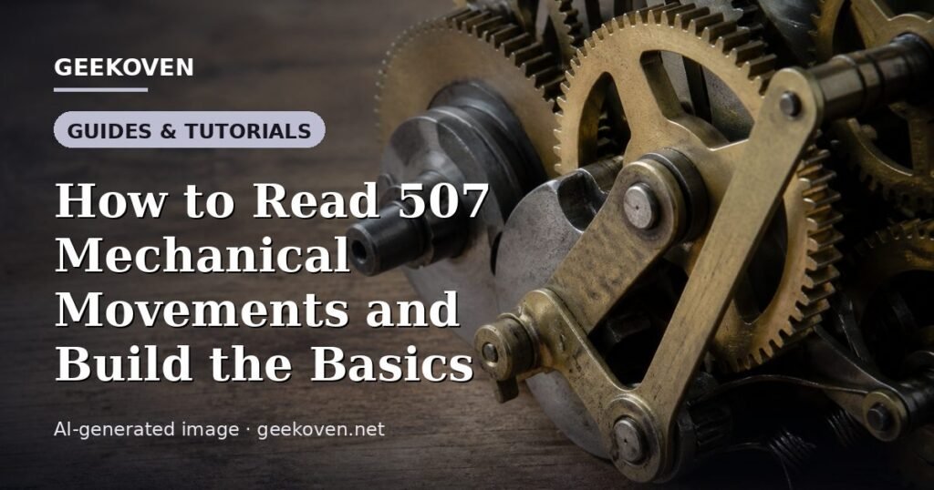 Illustration for the Guides & Tutorials article “How to Read 507 Mechanical Movements and Build the Basics”: an AI-generated editorial illustration showing a scene illustrating the subject of the article, with the headline set over it. Illustrative only, not a photograph of a real event.