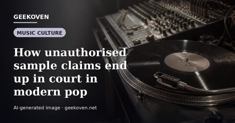 Illustration for the Music Culture article “How unauthorised sample claims end up in court in modern pop”: an AI-generated editorial illustration showing a scene illustrating the subject of the article, with the headline set over it. Illustrative only, not a photograph of a real event.