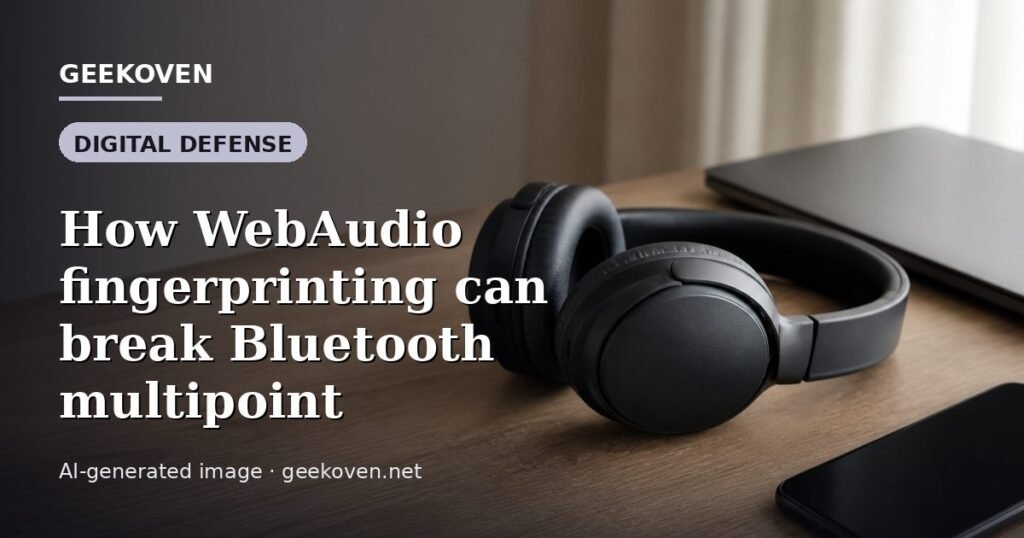 Illustration for the Digital Defense article “How WebAudio fingerprinting can break Bluetooth multipoint”: an AI-generated editorial illustration showing a scene illustrating the subject of the article, with the headline set over it. Illustrative only, not a photograph of a real event.