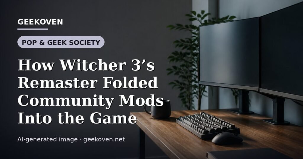Illustration for the Pop & Geek Society article “How Witcher 3’s Remaster Folded Community Mods Into the Game”: an AI-generated editorial illustration showing a studio workspace seen from above, with a production timeline across the wall, with the headline set over it. Illustrative only, not a photograph of a real event.