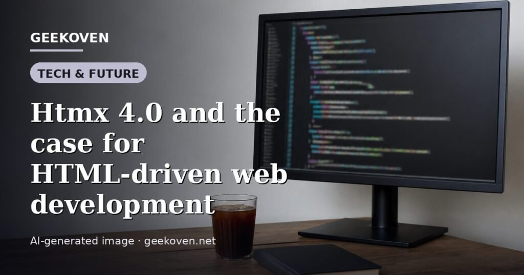 Illustration for the Tech & Future article “Htmx 4.0 and the case for HTML-driven web development”: an AI-generated editorial illustration showing a scene illustrating the subject of the article, with the headline set over it. Illustrative only, not a photograph of a real event.