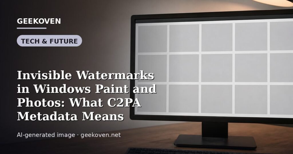 Illustration for the Tech & Future article “Invisible Watermarks in Windows Paint and Photos: What C2PA Metadata Means”: an AI-generated editorial illustration showing a scene illustrating the subject of the article, with the headline set over it. Illustrative only, not a photograph of a real event.