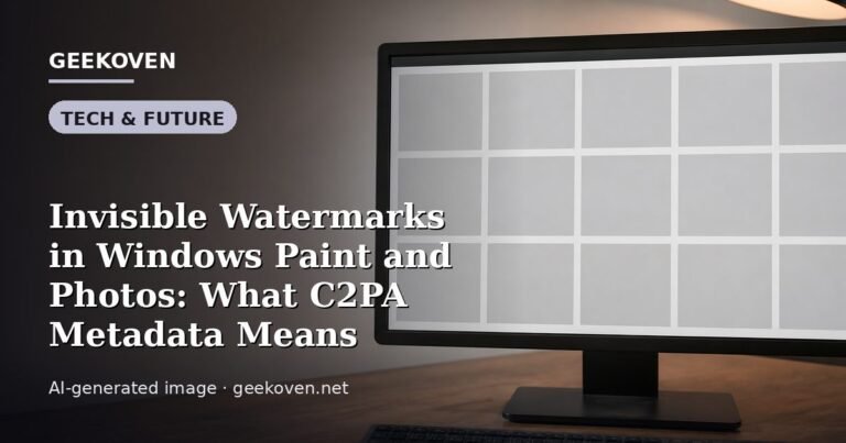 Illustration for the Tech & Future article “Invisible Watermarks in Windows Paint and Photos: What C2PA Metadata Means”: an AI-generated editorial illustration showing a scene illustrating the subject of the article, with the headline set over it. Illustrative only, not a photograph of a real event.