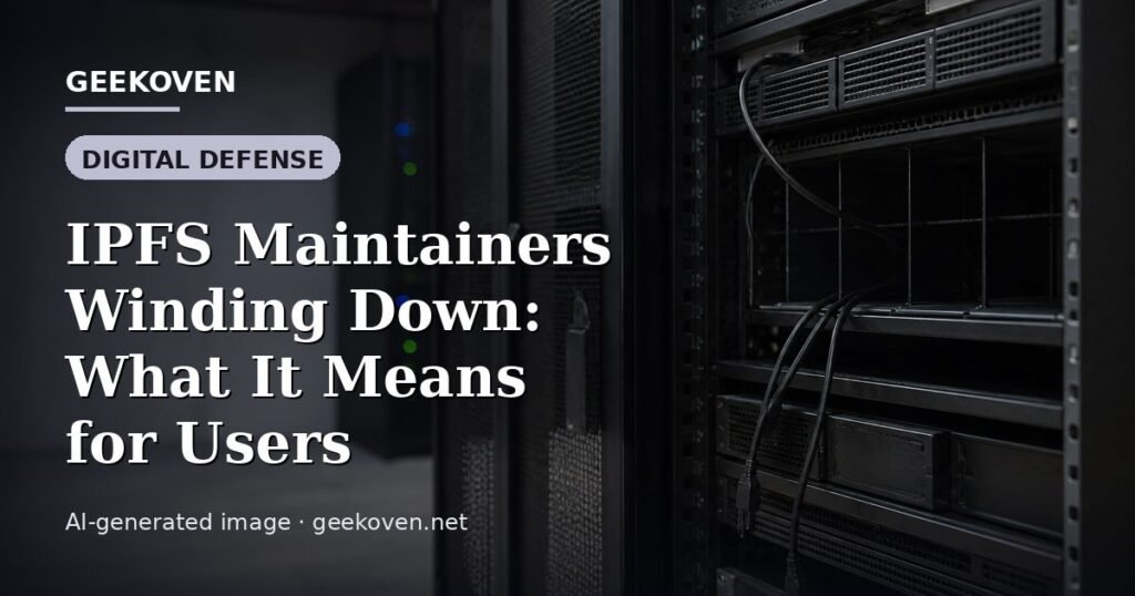 Illustration for the Digital Defense article “IPFS Maintainers Winding Down: What It Means for Users”: an AI-generated editorial illustration showing a scene illustrating the subject of the article, with the headline set over it. Illustrative only, not a photograph of a real event.