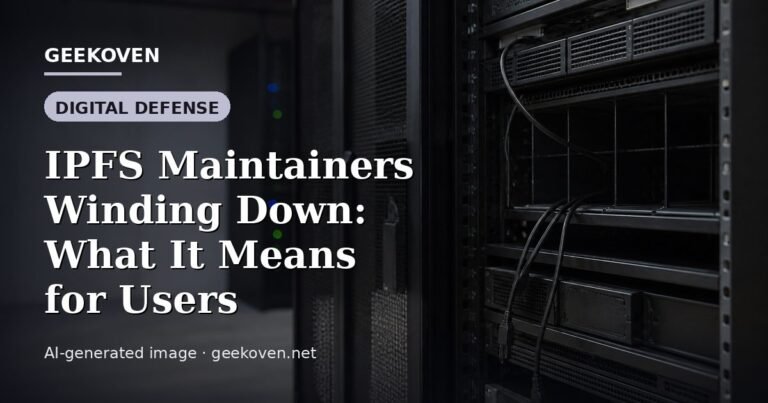 Illustration for the Digital Defense article “IPFS Maintainers Winding Down: What It Means for Users”: an AI-generated editorial illustration showing a scene illustrating the subject of the article, with the headline set over it. Illustrative only, not a photograph of a real event.