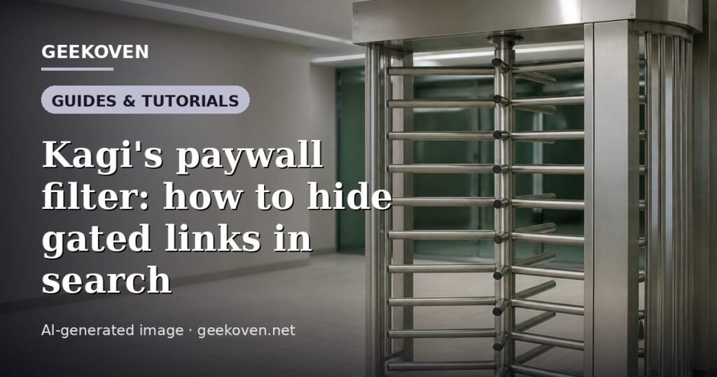 Illustration for the Guides & Tutorials article “Kagi's paywall filter: how to hide gated links in search”: an AI-generated editorial illustration showing a scene illustrating the subject of the article, with the headline set over it. Illustrative only, not a photograph of a real event.