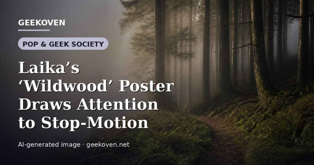 Illustration for the Pop & Geek Society article “Laika’s ‘Wildwood’ Poster Draws Attention to Stop-Motion”: an AI-generated editorial illustration showing a scene illustrating the subject of the article, with the headline set over it. Illustrative only, not a photograph of a real event.