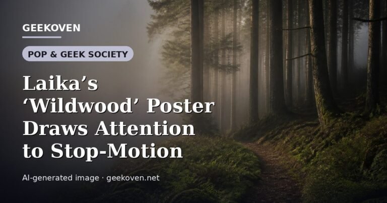 Illustration for the Pop & Geek Society article “Laika’s ‘Wildwood’ Poster Draws Attention to Stop-Motion”: an AI-generated editorial illustration showing a scene illustrating the subject of the article, with the headline set over it. Illustrative only, not a photograph of a real event.