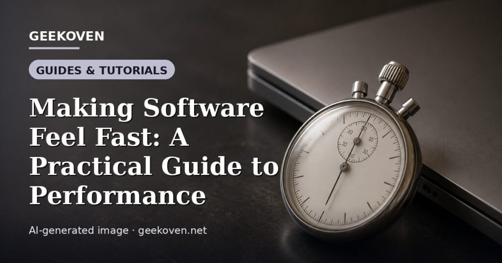 Illustration for the Guides & Tutorials article “Making Software Feel Fast: A Practical Guide to Performance”: an AI-generated editorial illustration showing a scene illustrating the subject of the article, with the headline set over it. Illustrative only, not a photograph of a real event.