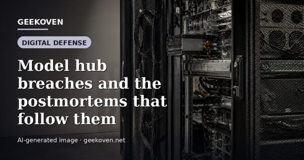 Illustration for the Digital Defense article “Model hub breaches and the postmortems that follow them”: an AI-generated editorial illustration showing a scene illustrating the subject of the article, with the headline set over it. Illustrative only, not a photograph of a real event.