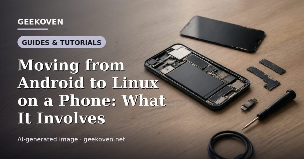 Illustration for the Guides & Tutorials article “Moving from Android to Linux on a Phone: What It Involves”: an AI-generated editorial illustration showing a scene illustrating the subject of the article, with the headline set over it. Illustrative only, not a photograph of a real event.