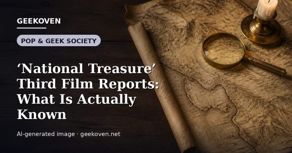 Illustration for the Pop & Geek Society article “‘National Treasure’ Third Film Reports: What Is Actually Known”: an AI-generated editorial illustration showing a scene illustrating the subject of the article, with the headline set over it. Illustrative only, not a photograph of a real event.